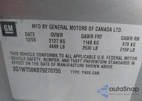 2007 Chevrolet Impala Ls z USA, uszkodzony, nr VIN 2G1WB58K879226352